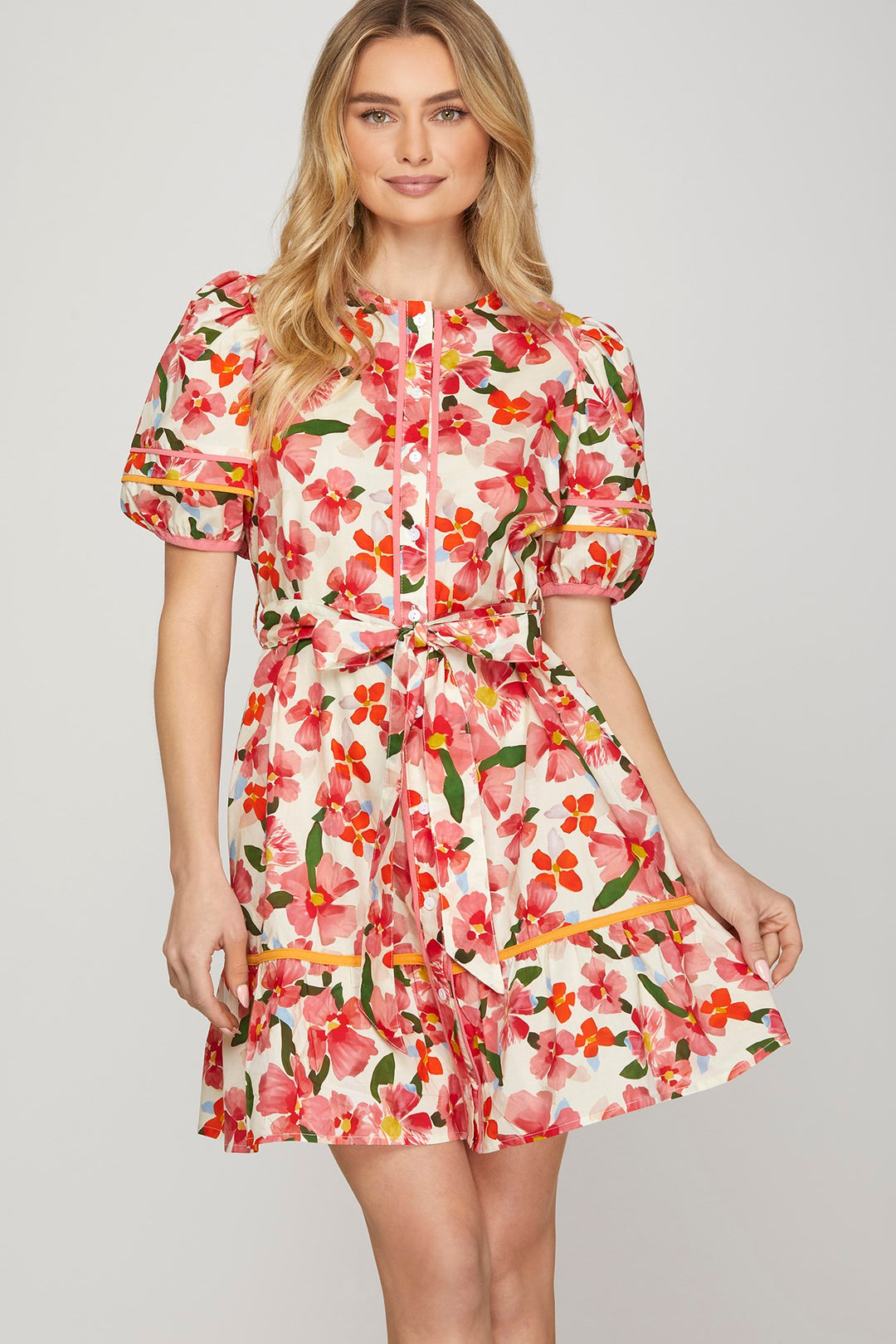 Puff short sleeve woven print waist tie dress