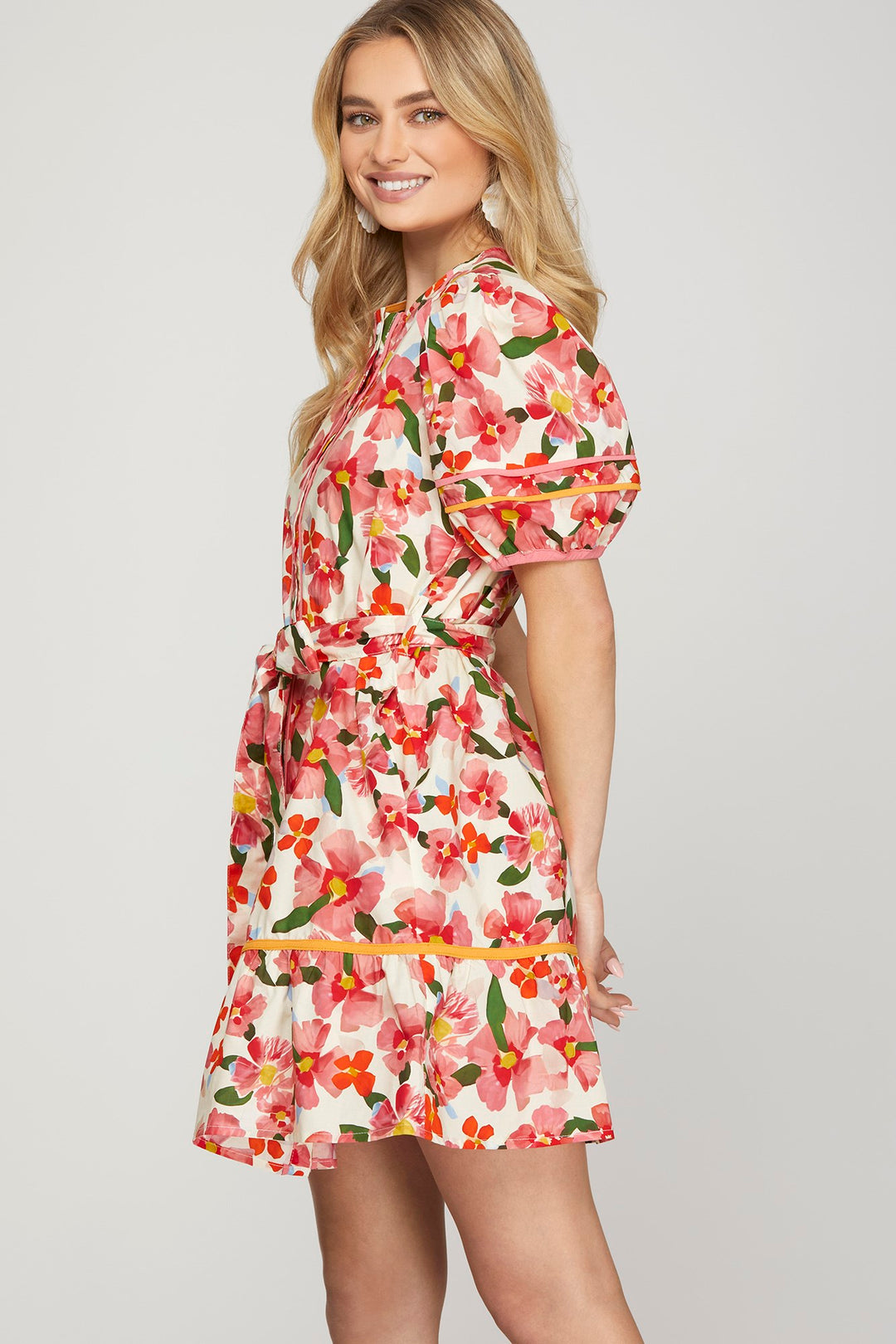 Puff short sleeve woven print waist tie dress