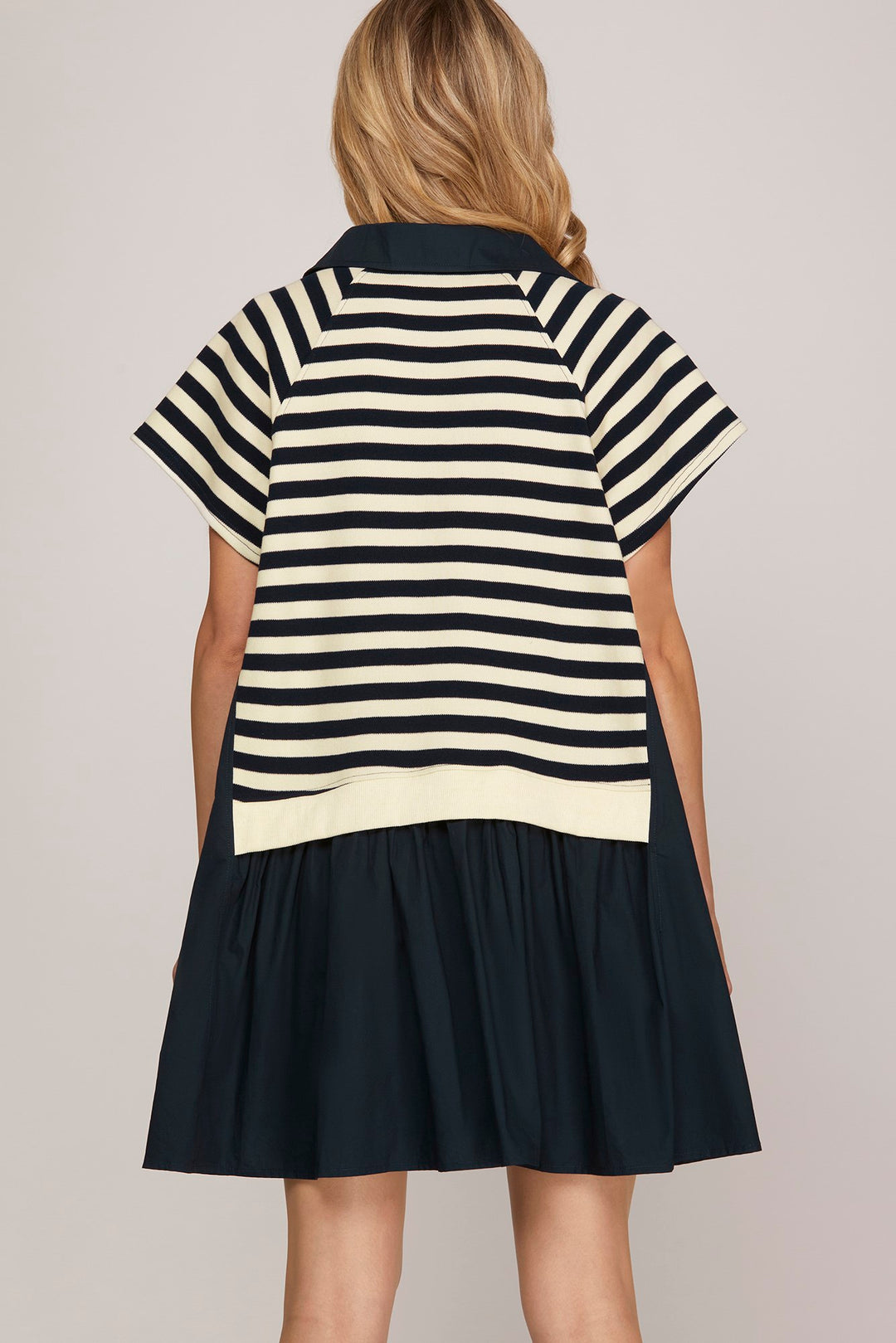 Short sleeve polo neck striped mini dress with pockets