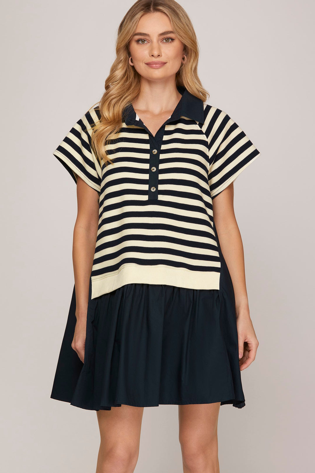 Short sleeve polo neck striped mini dress with pockets