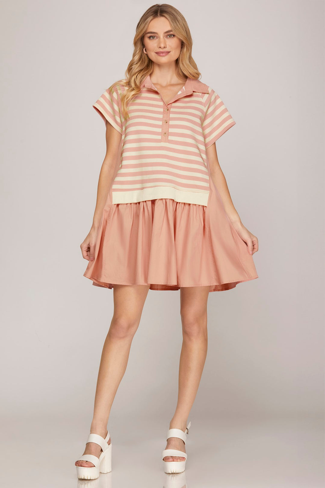 Short sleeve polo neck striped mini dress with pockets