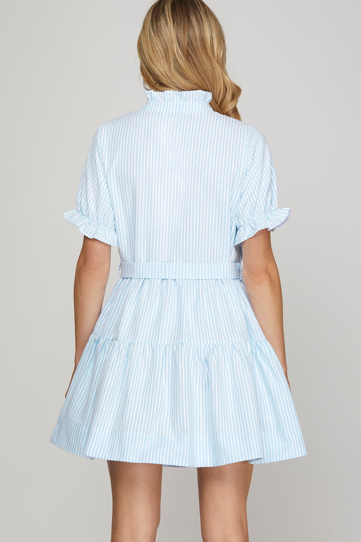 Short sleeve ruffled neck striped mini dress with pockets