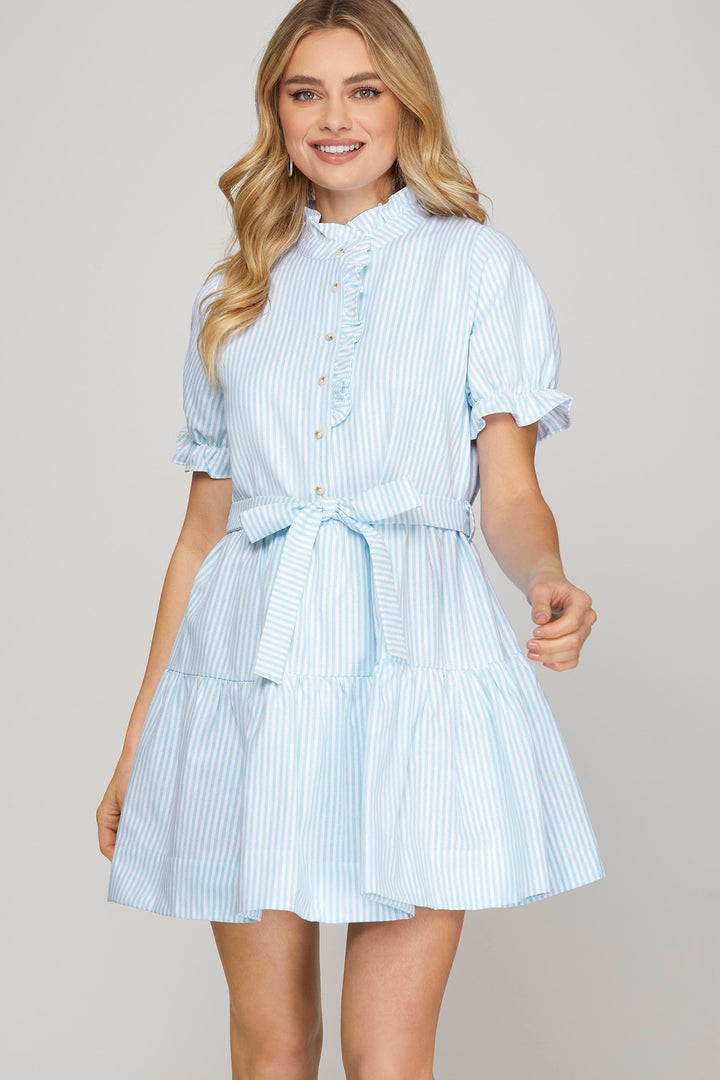 Short sleeve ruffled neck striped mini dress with pockets