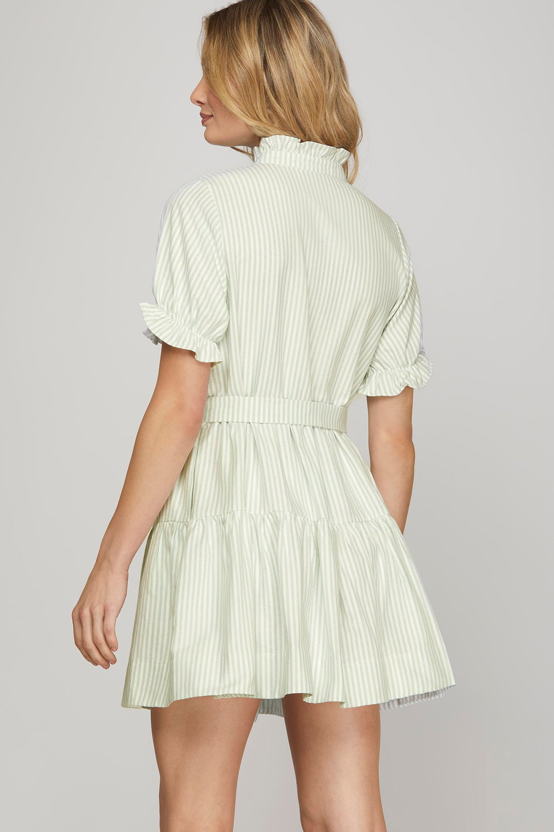 Short sleeve ruffled neck striped mini dress with pockets