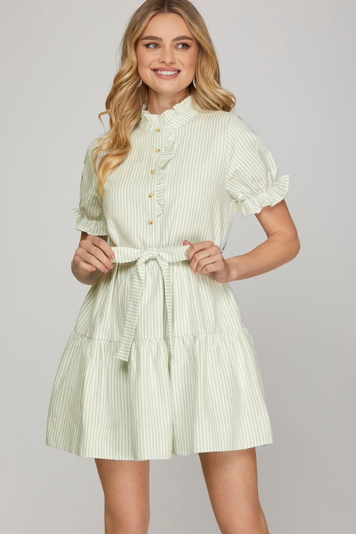 Short sleeve ruffled neck striped mini dress with pockets