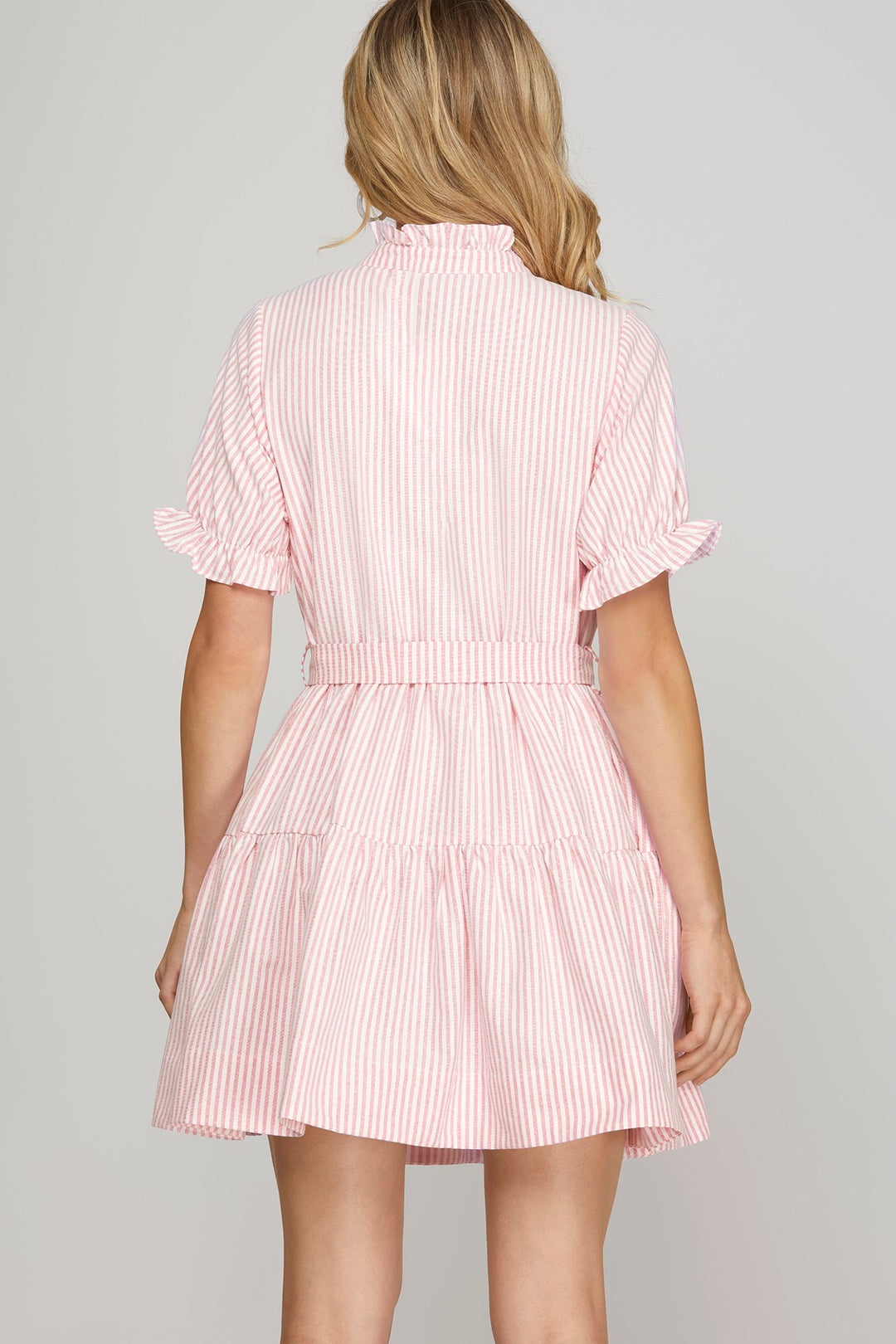 Short sleeve ruffled neck striped mini dress with pockets