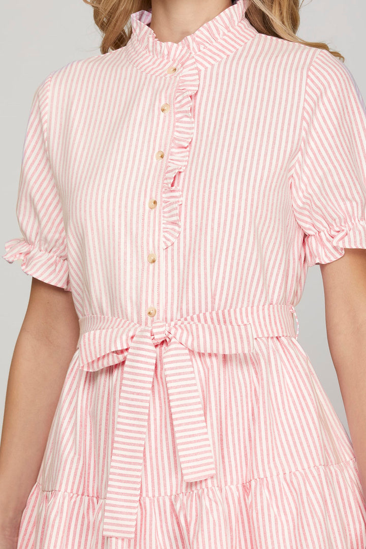 Short sleeve ruffled neck striped mini dress with pockets