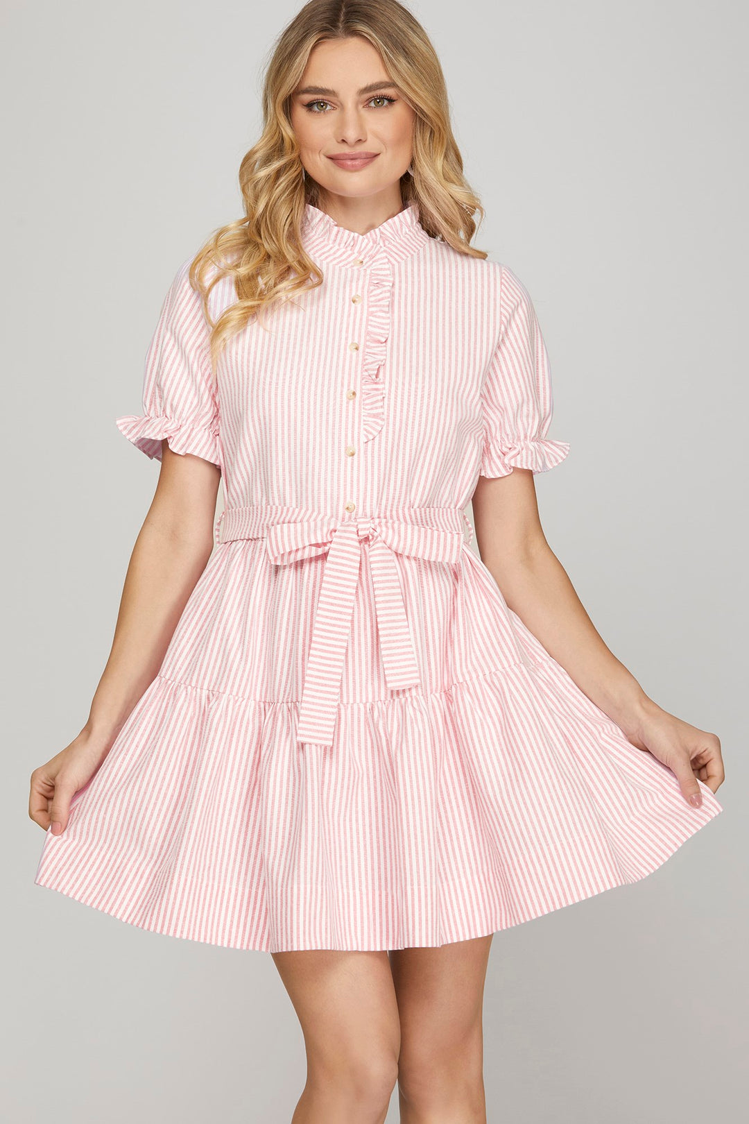 Short sleeve ruffled neck striped mini dress with pockets