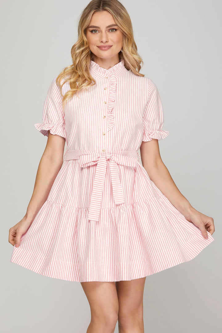 Short sleeve ruffled neck striped mini dress with pockets