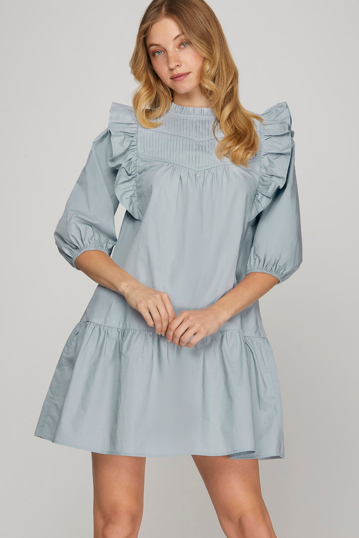 3/4 sleeve pleats mini dress