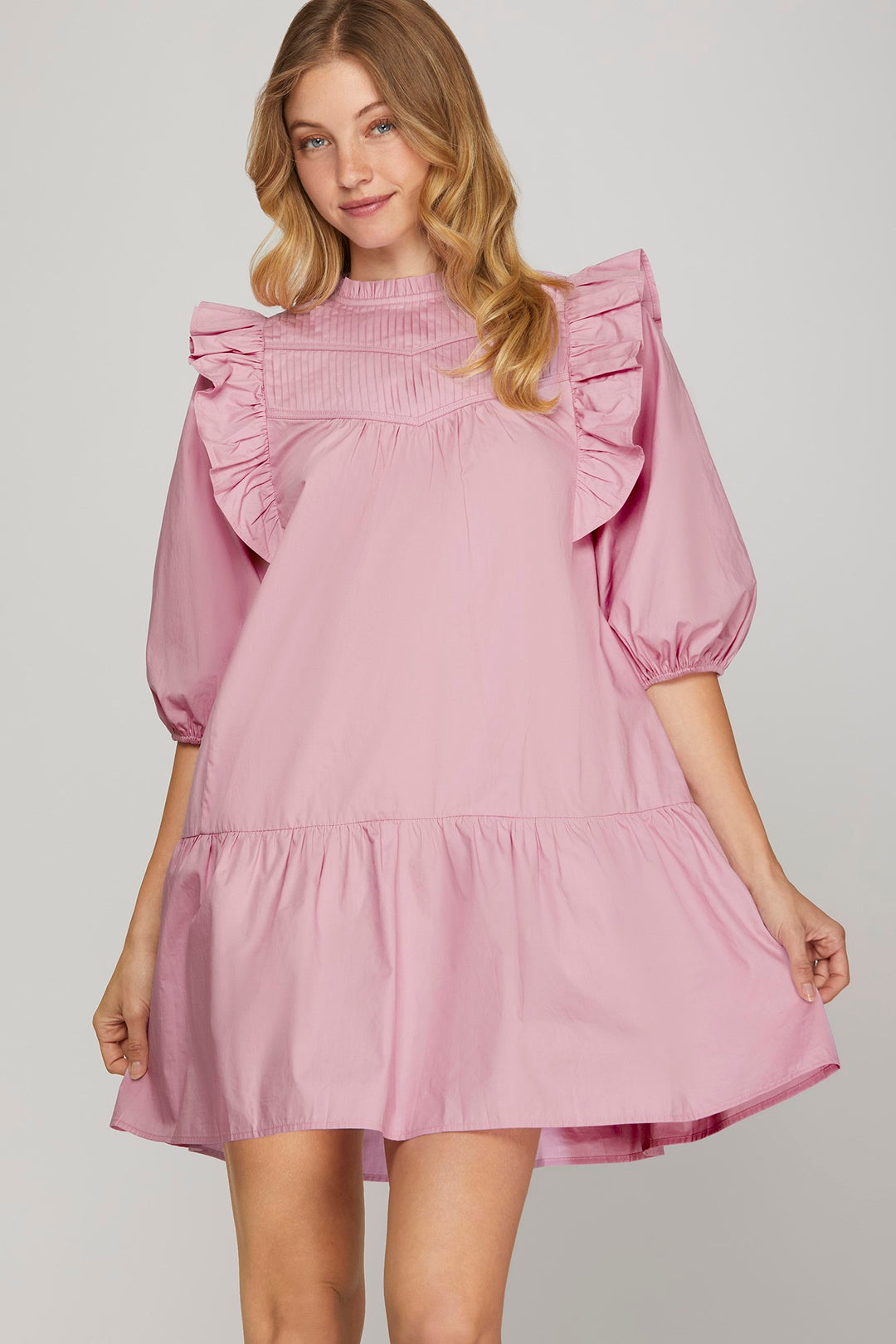 3/4 sleeve pleats mini dress