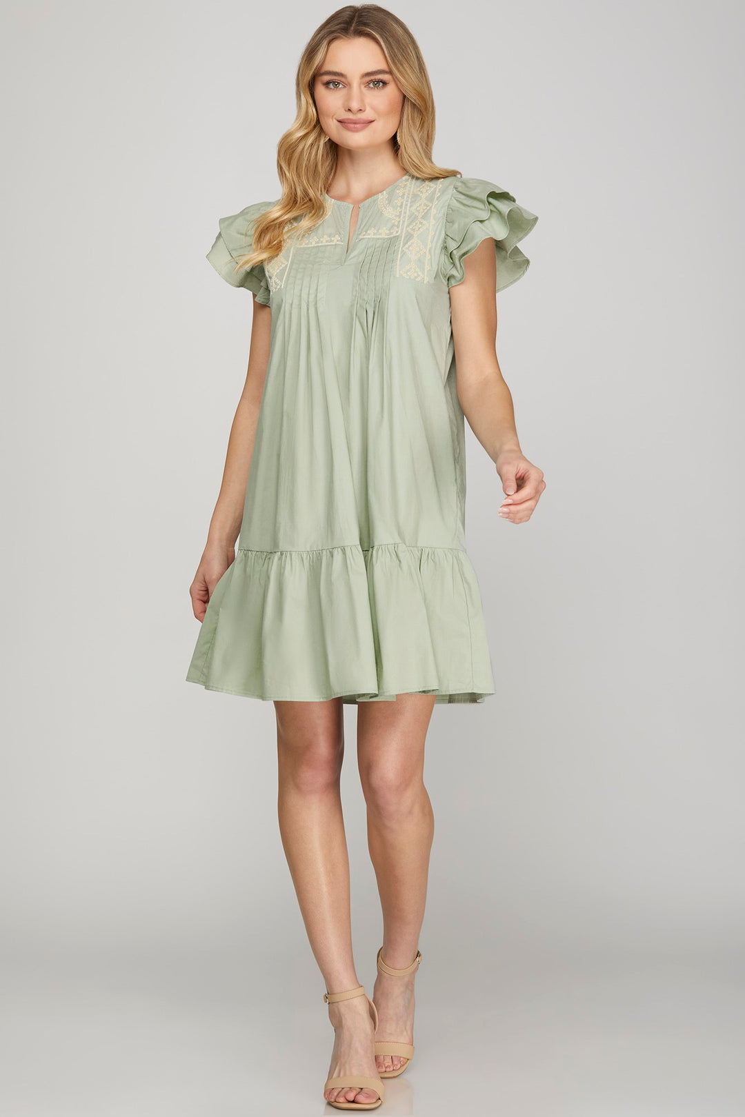 Ruffle sleeve embroidered mini dress