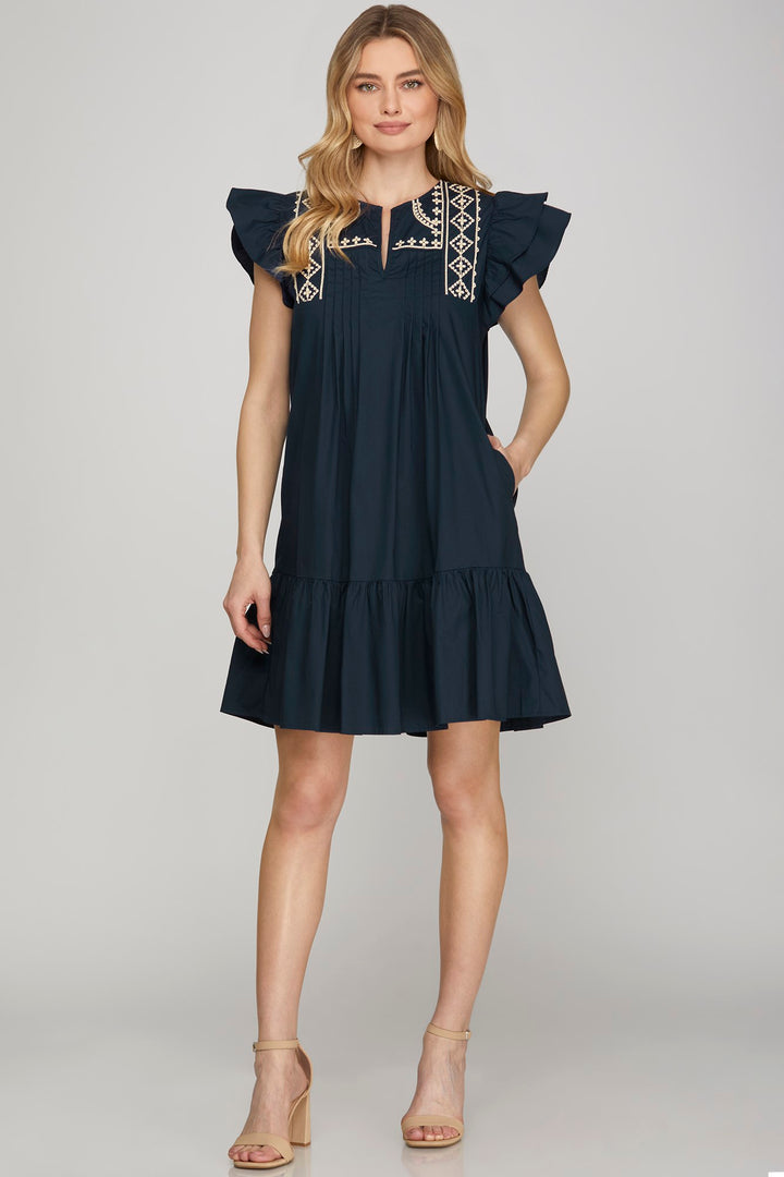 Ruffle sleeve embroidered mini dress