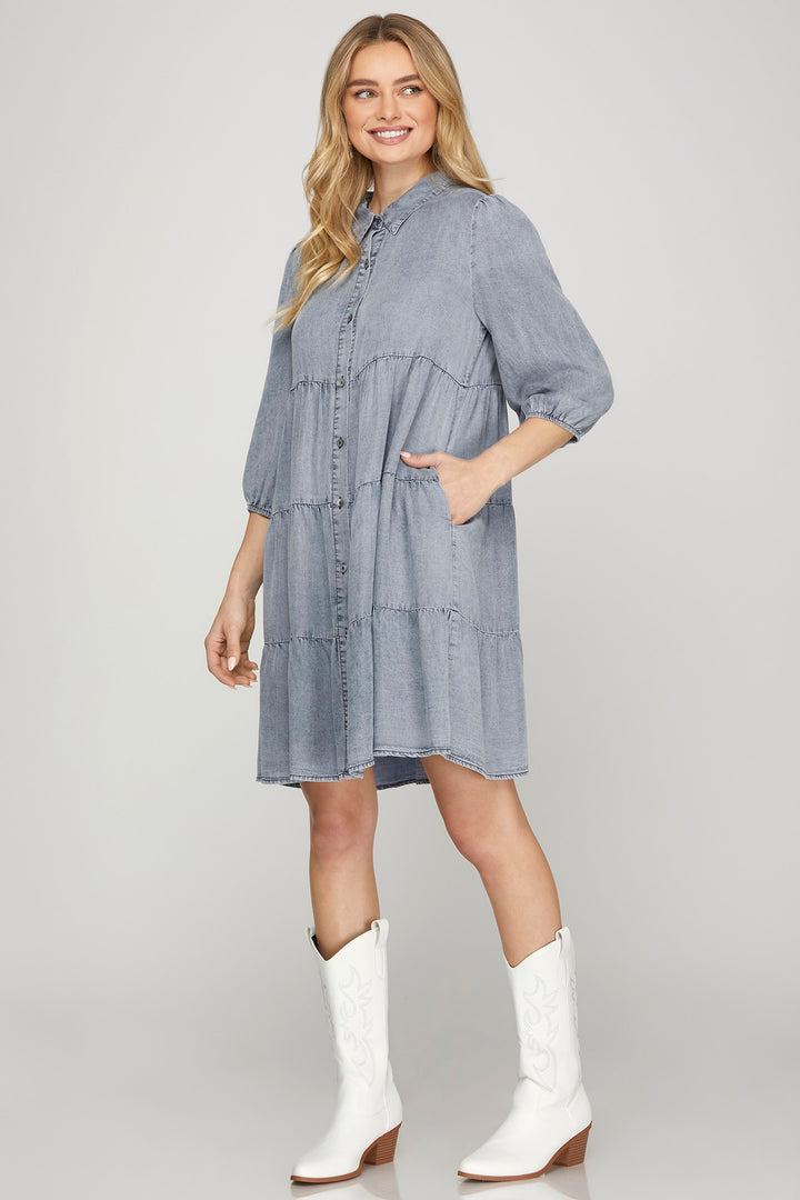 Washed Chambray Button Down Dress