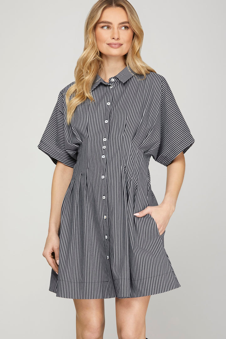 Stretched woven stripe pleated shirt dress