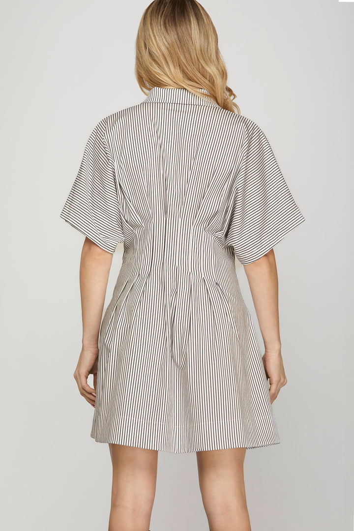 Stretched woven stripe pleated shirt dress