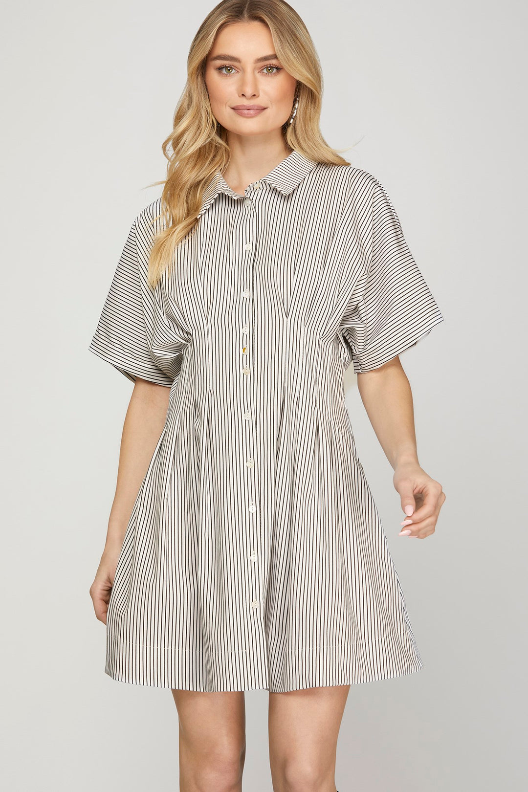 Stretched woven stripe pleated shirt dress