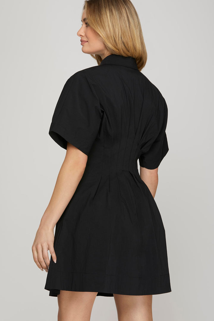 Drop shoulder woven pleated shirt mini dress