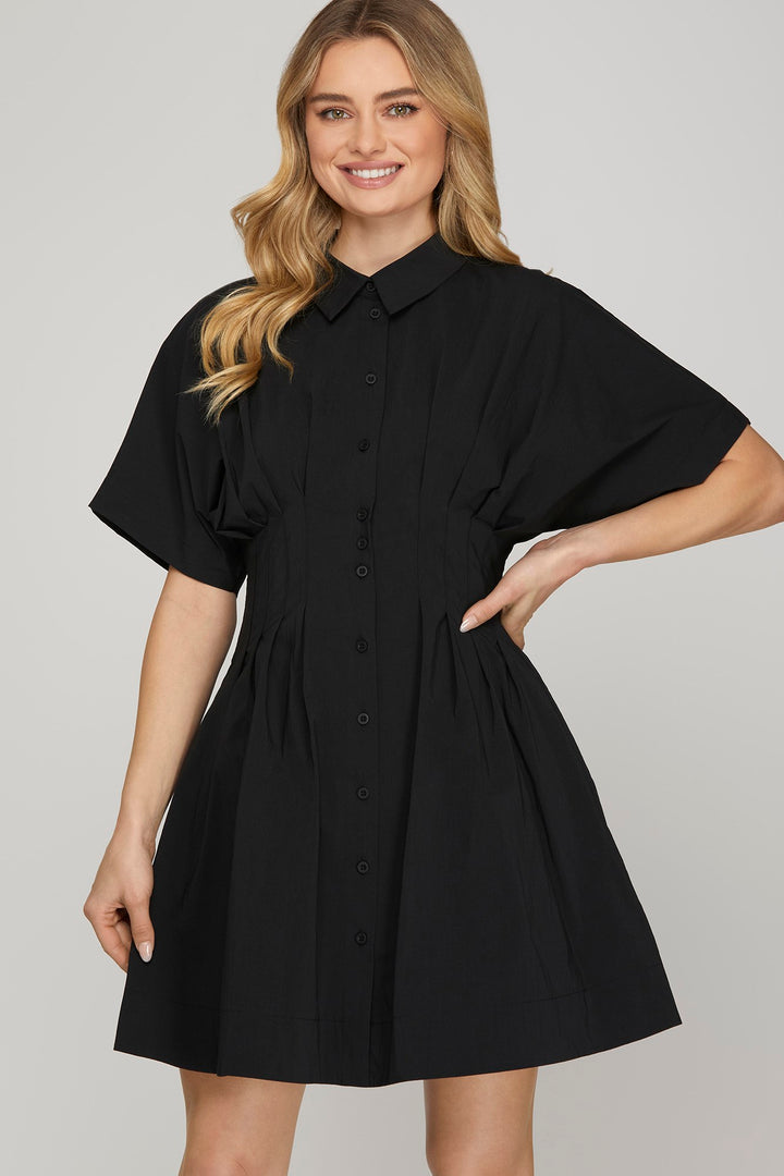 Drop shoulder woven pleated shirt mini dress