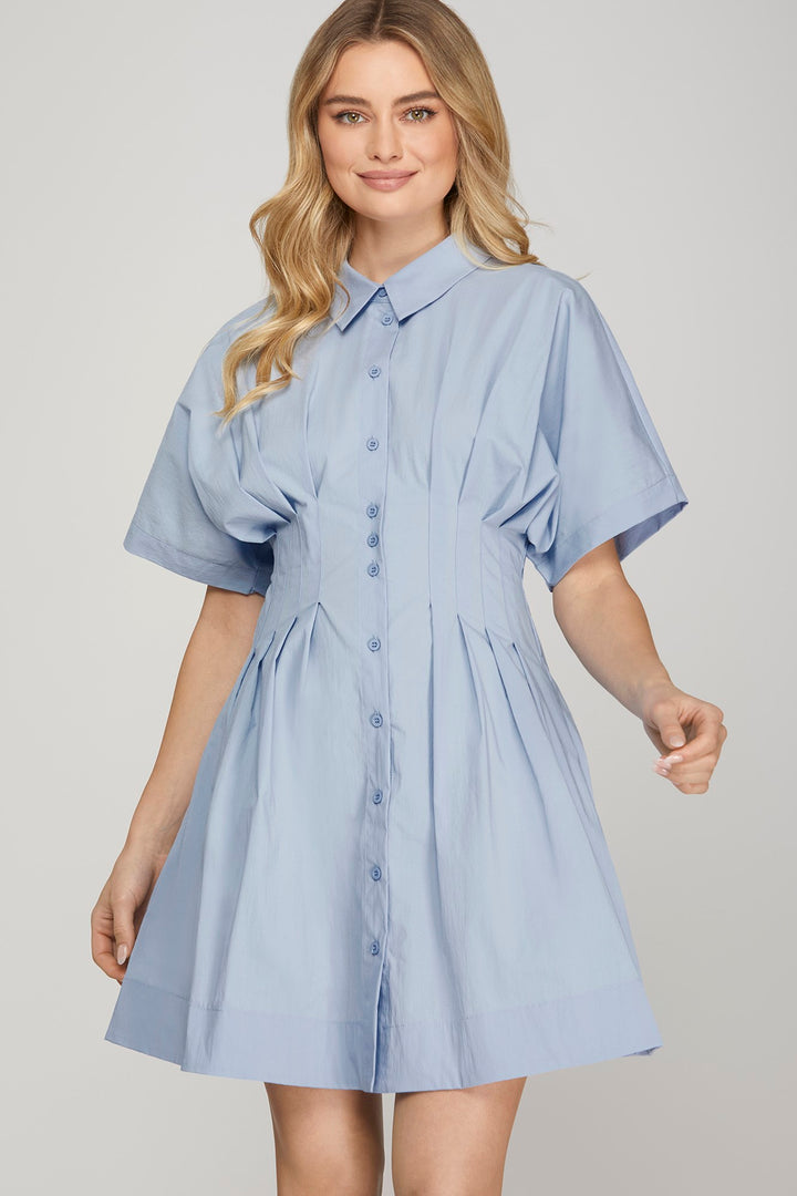 Drop shoulder woven pleated shirt mini dress