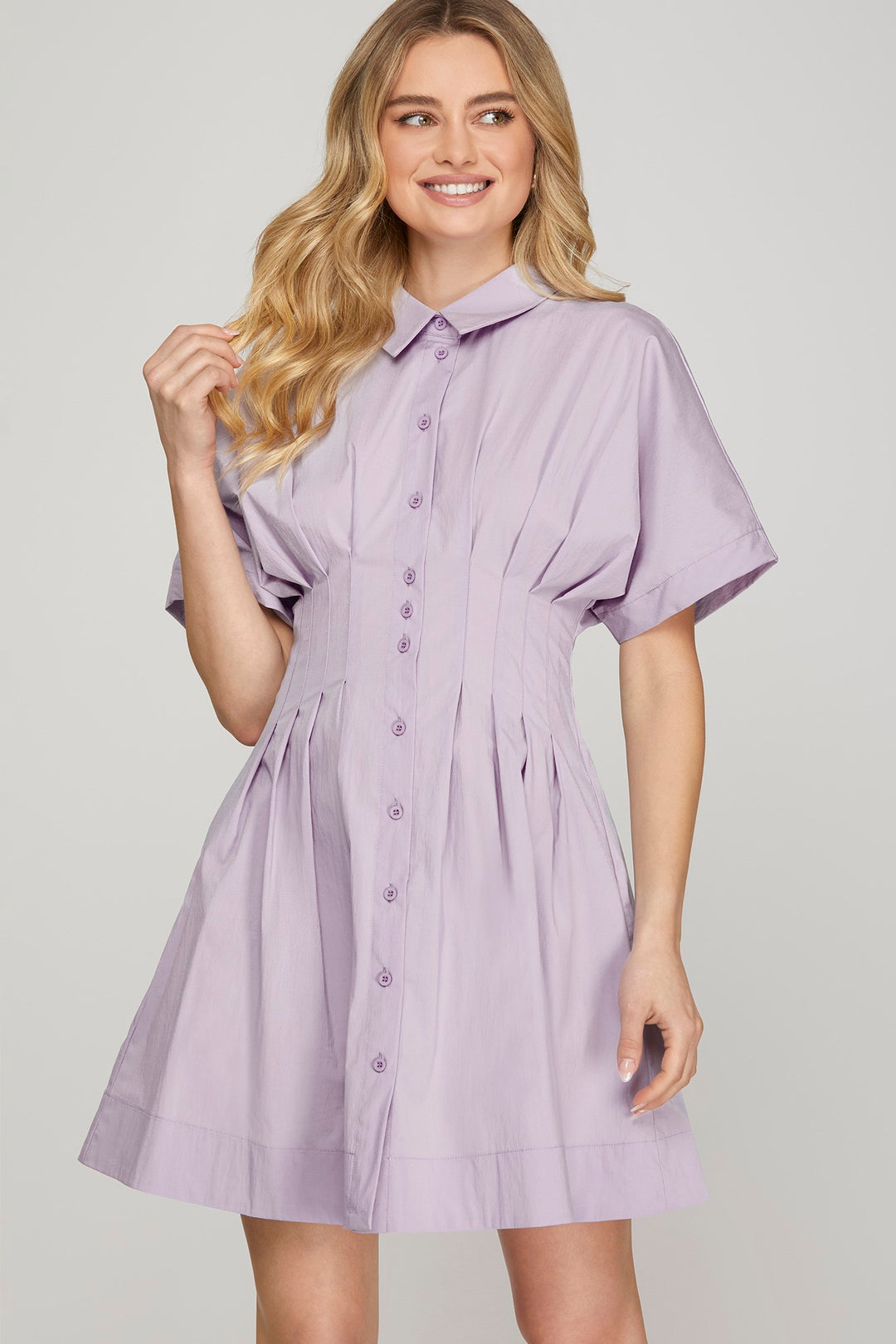 Drop shoulder woven pleated shirt mini dress