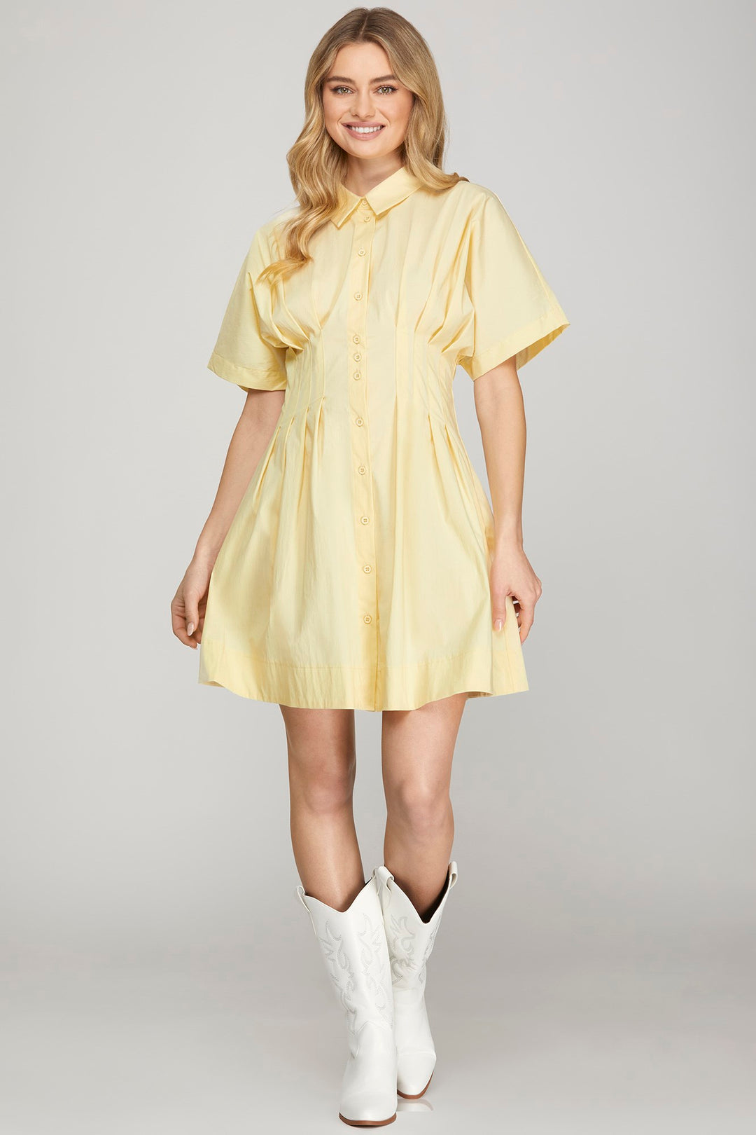 Drop shoulder woven pleated shirt mini dress