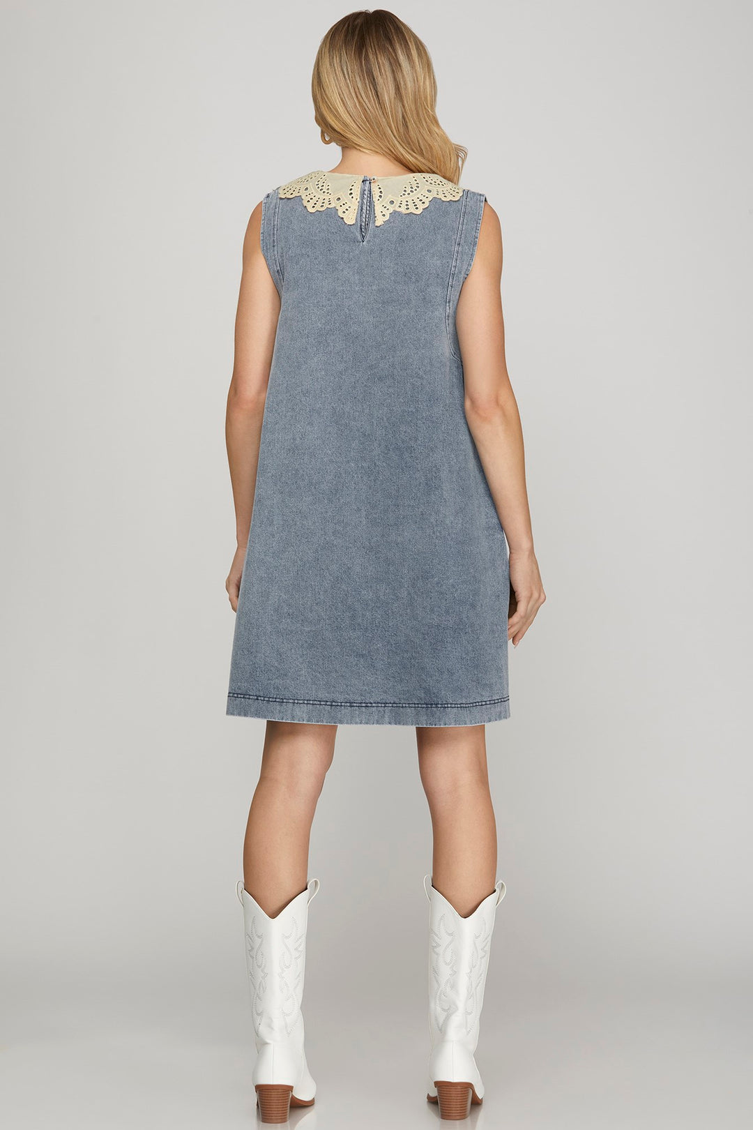 Lace collar washed denim mini dress