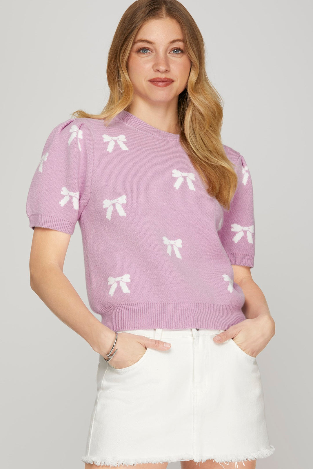 Puff Short Sleeve Bow Pattern Sweater Top