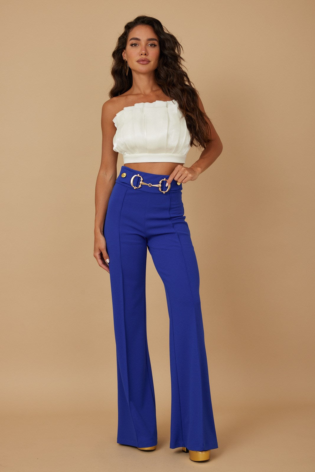 High waist gold buckle trim pants