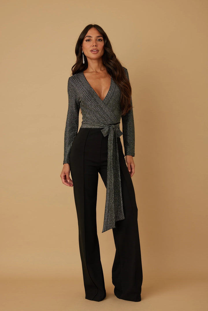 Deep V layer wrap jumpsuit