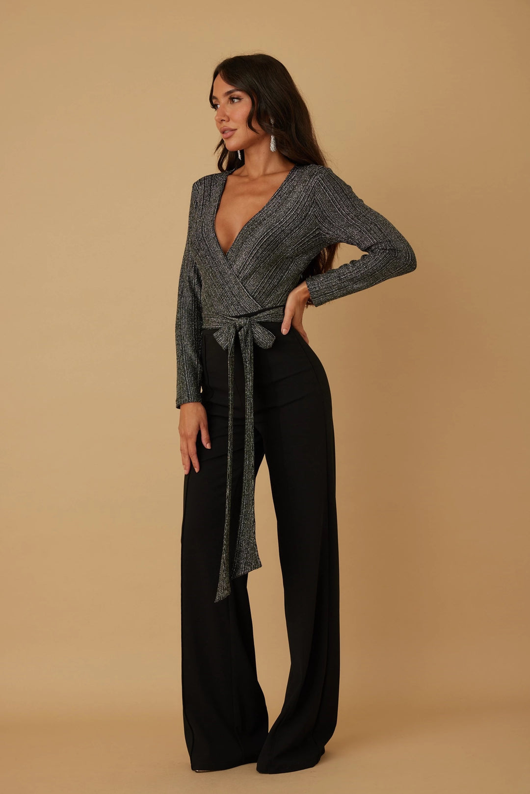 Deep V layer wrap jumpsuit