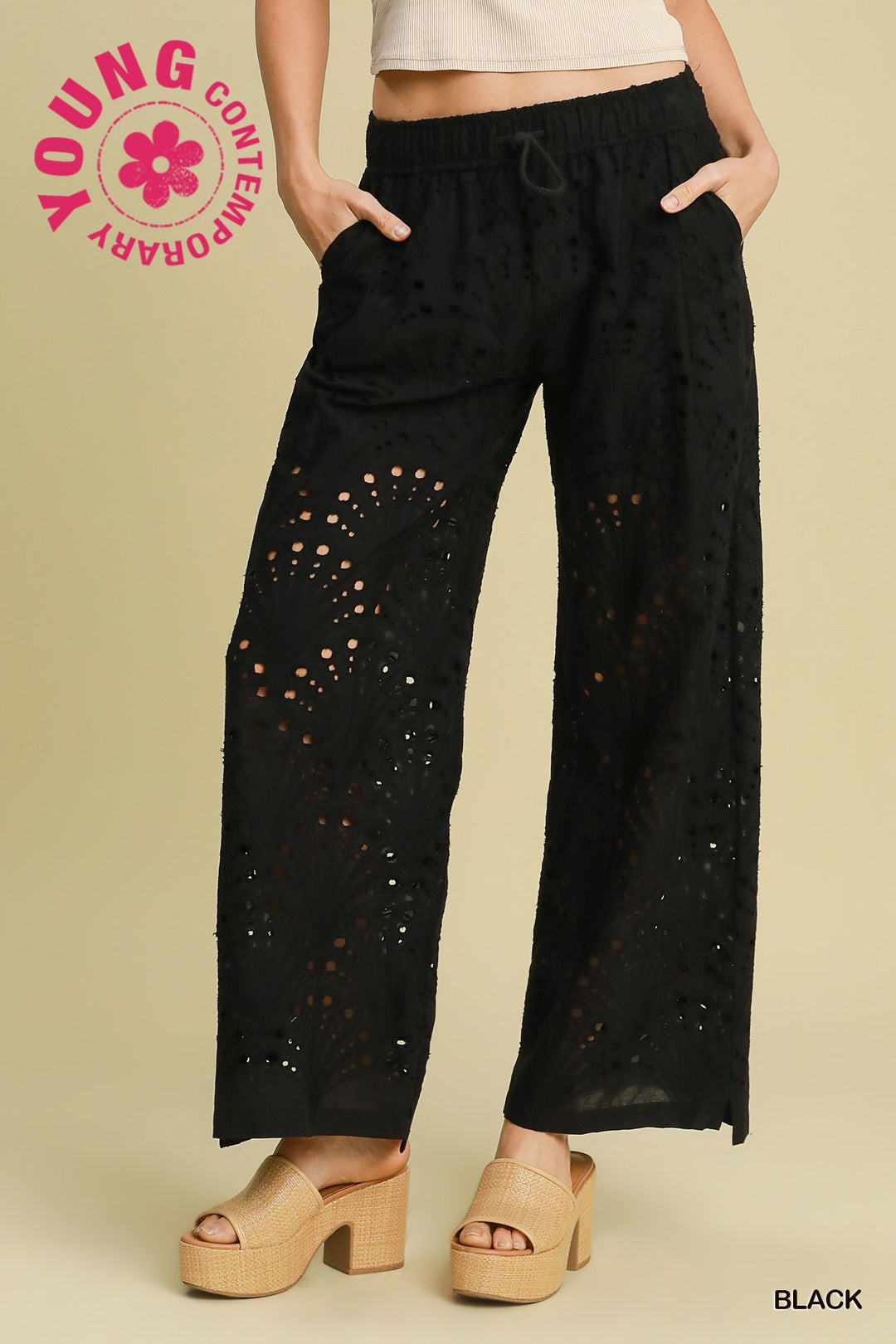 Eyelet lace straight leg pants