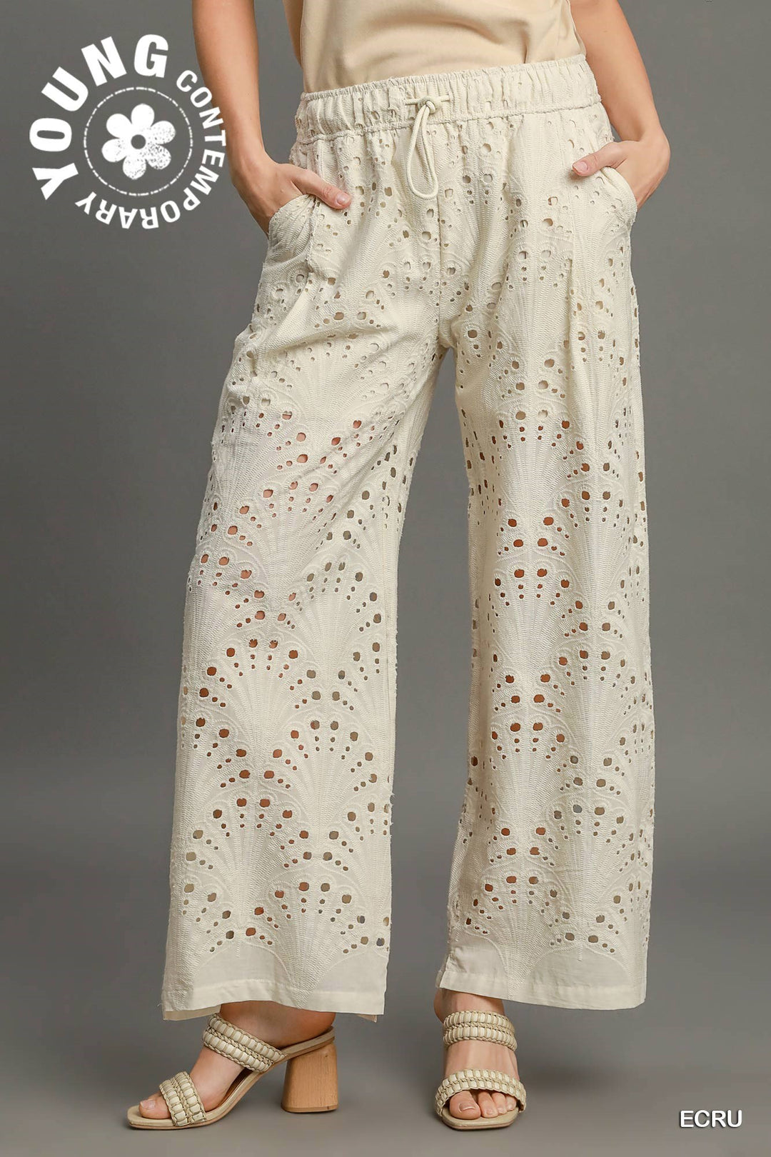 Eyelet lace straight leg pants