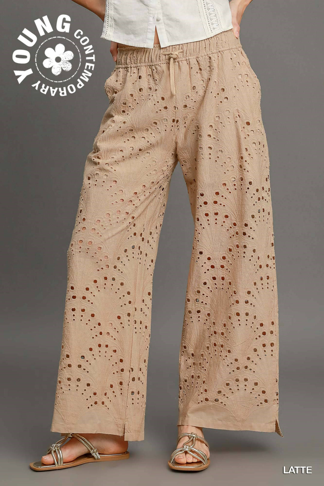 Eyelet lace straight leg pants