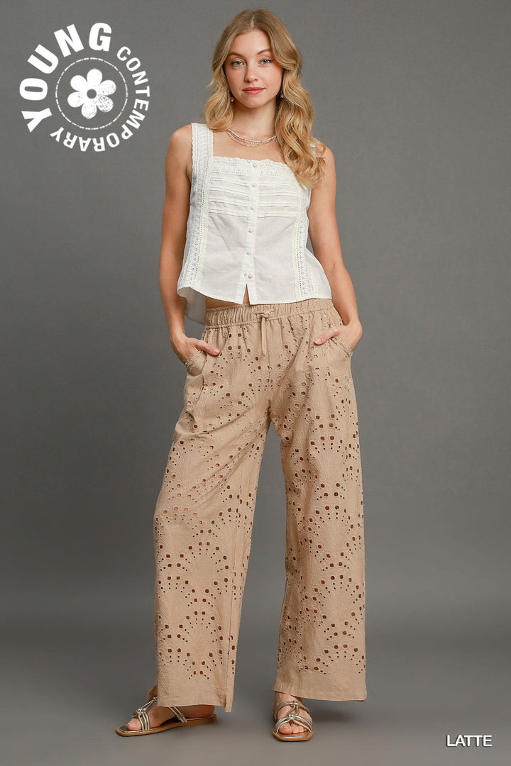 Eyelet lace straight leg pants