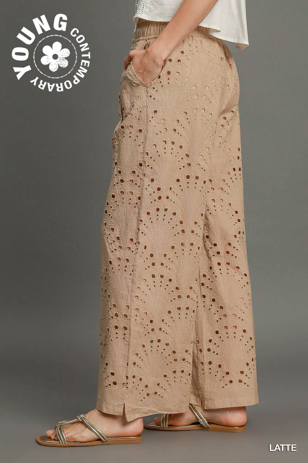 Eyelet lace straight leg pants