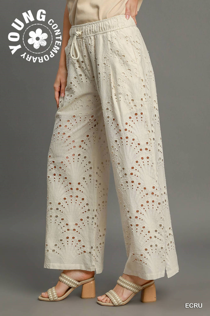 Eyelet lace straight leg pants