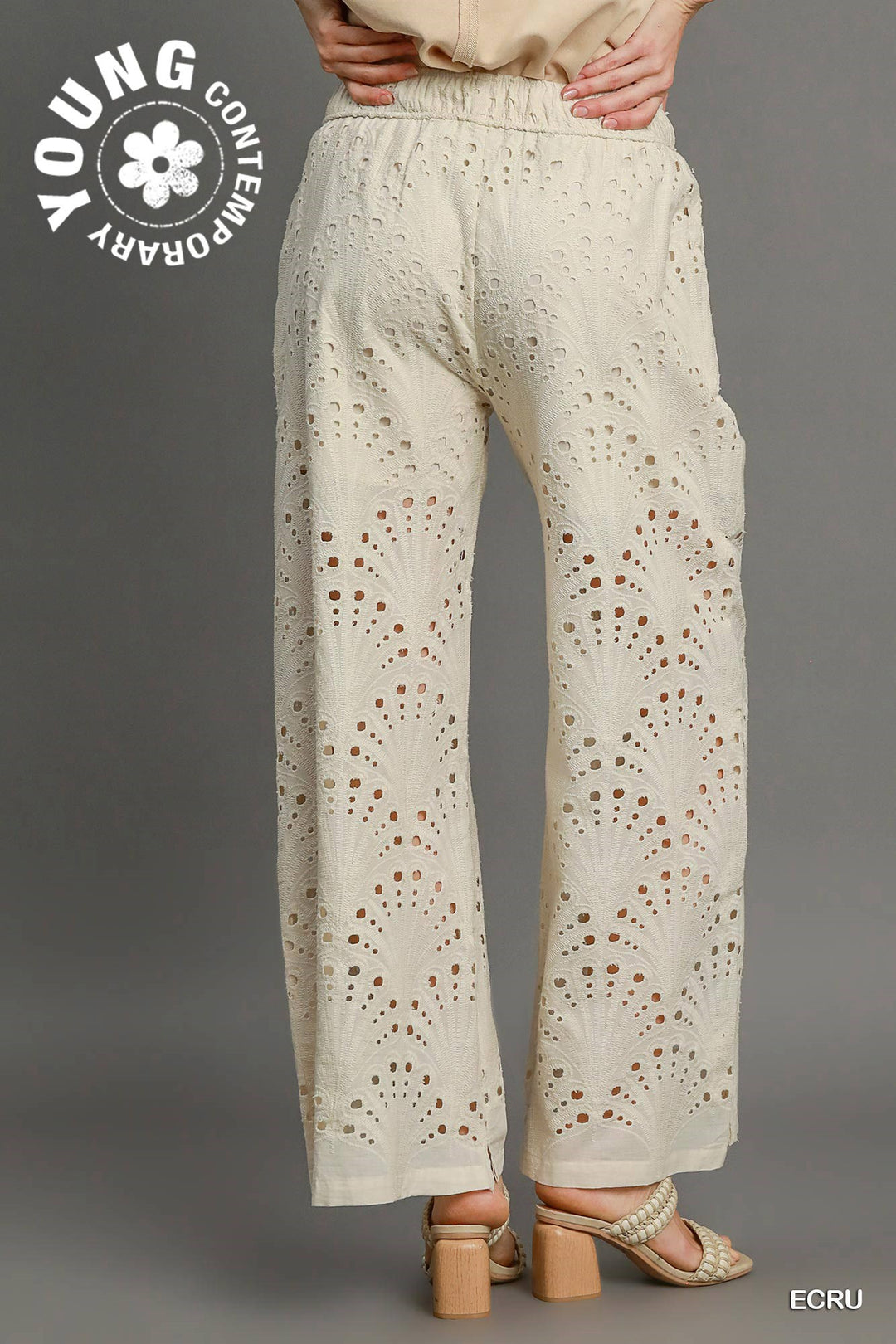 Eyelet lace straight leg pants