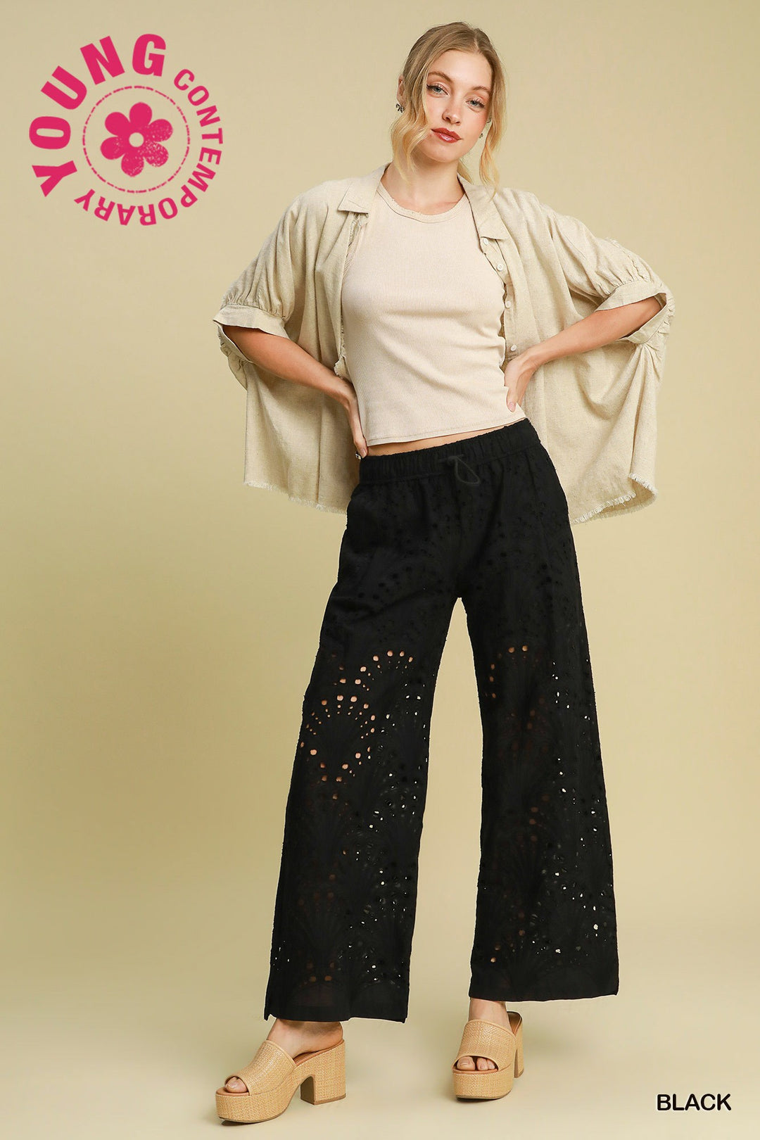 Eyelet lace straight leg pants