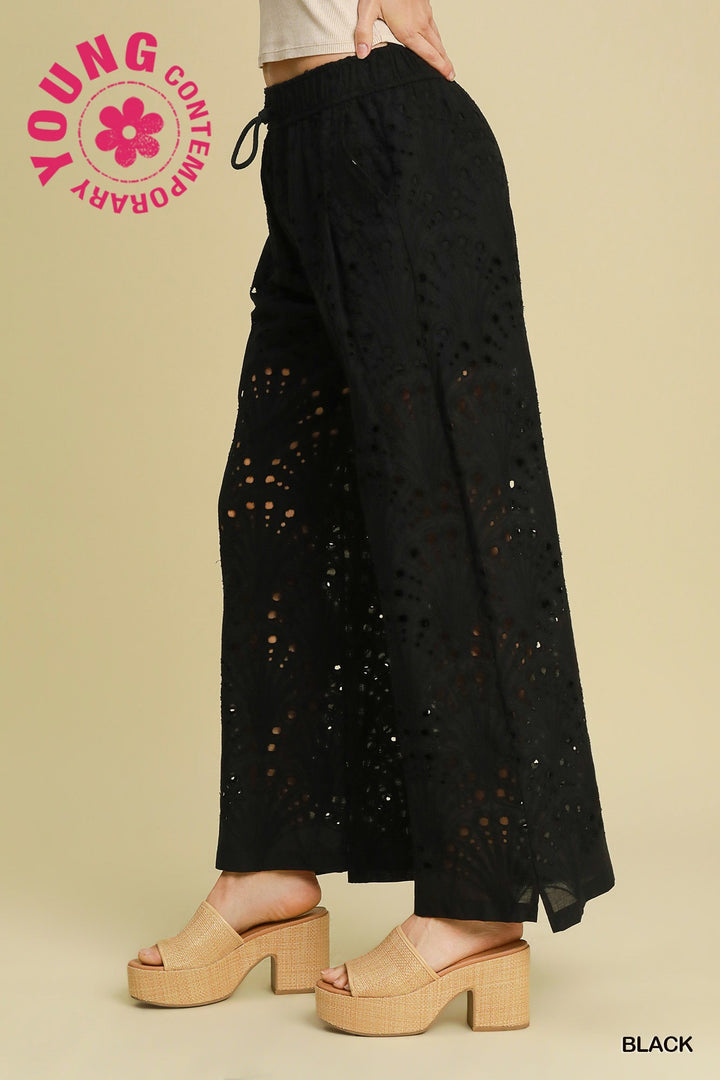 Eyelet lace straight leg pants