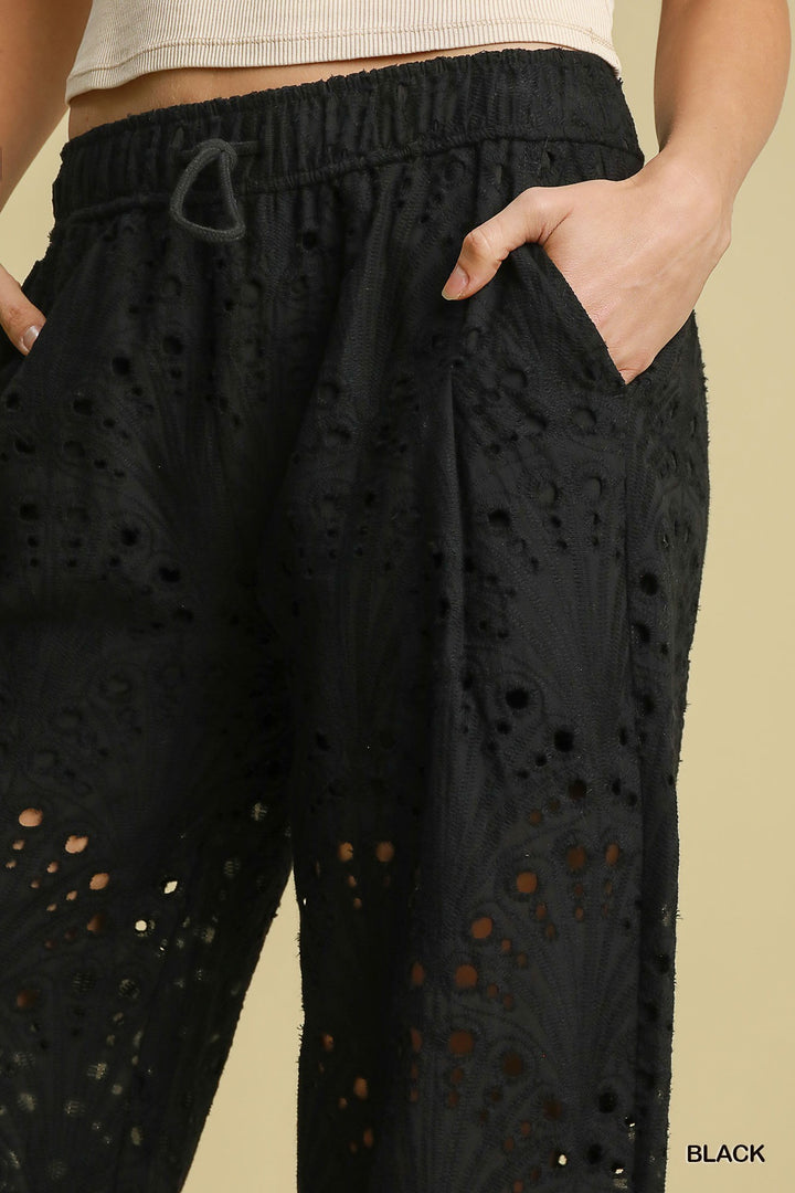 Eyelet lace straight leg pants