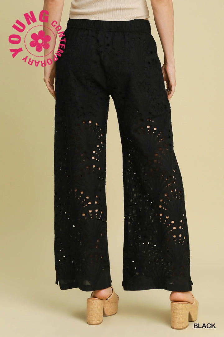 Eyelet lace straight leg pants