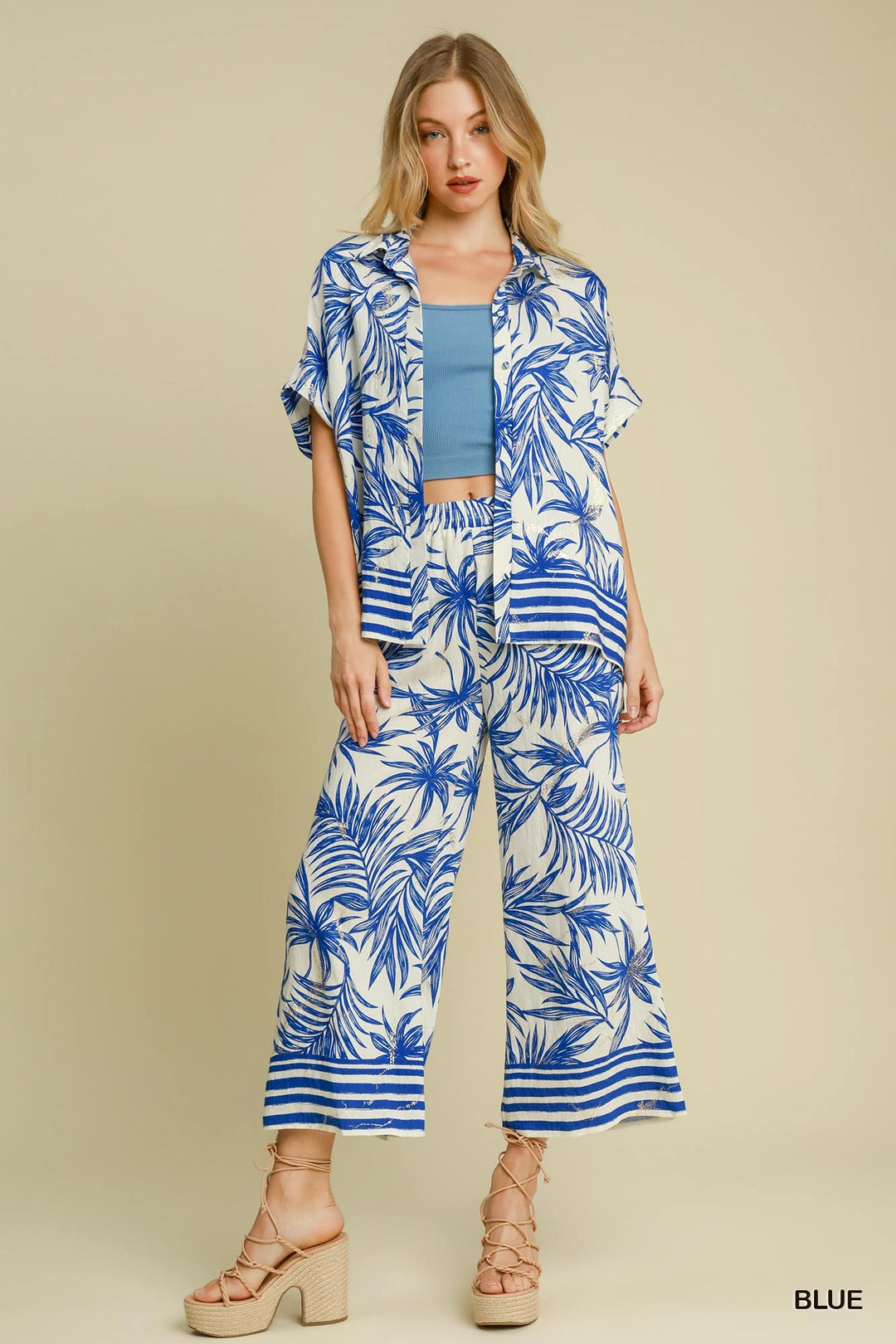 Tropical print button down top