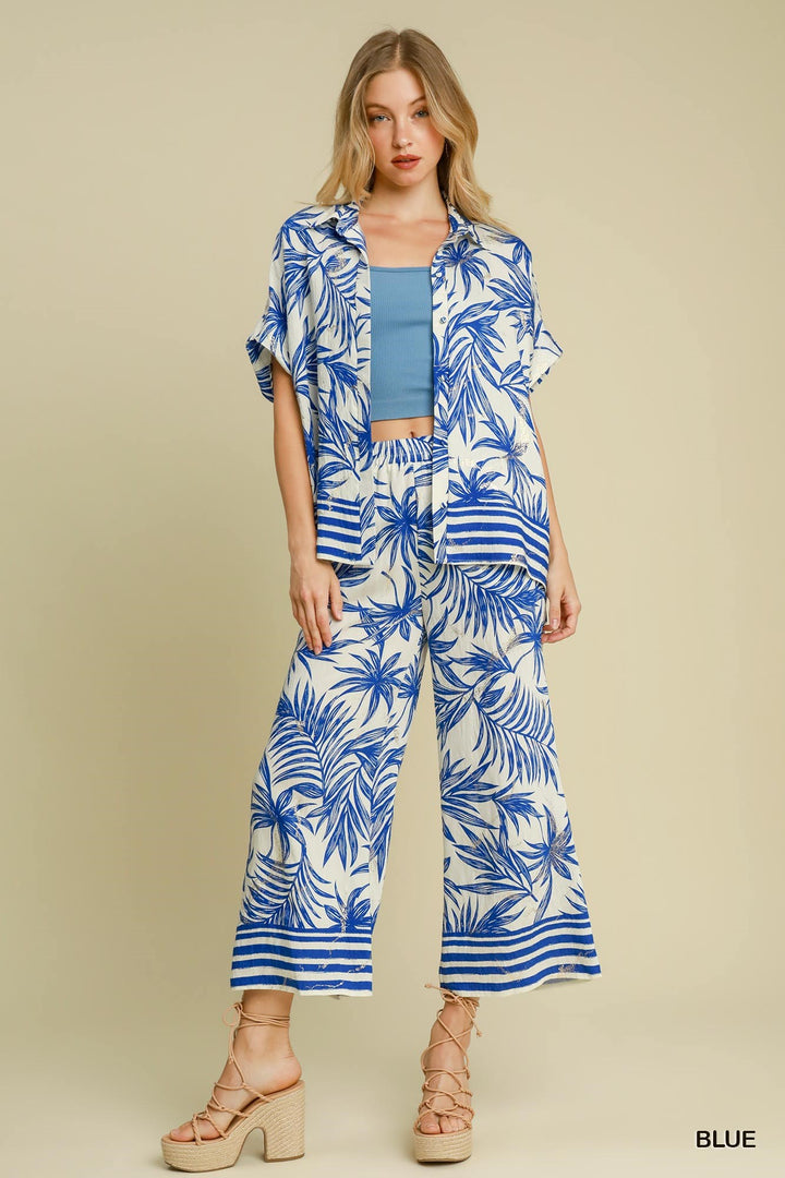 Tropical print button down top