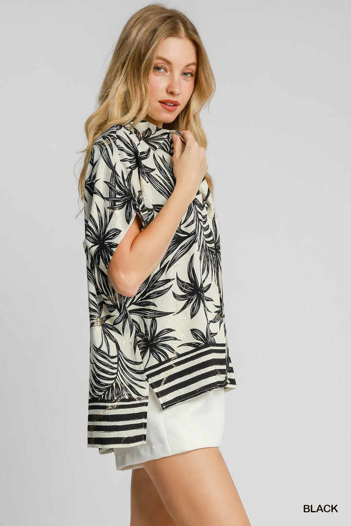 Tropical print button down top