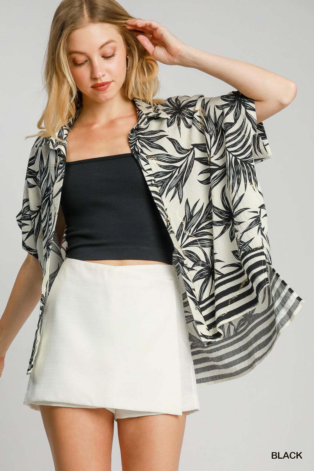 Tropical print button down top