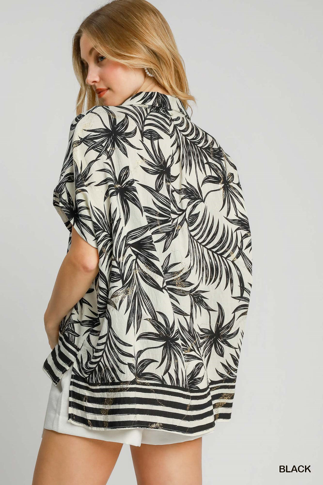 Tropical print button down top