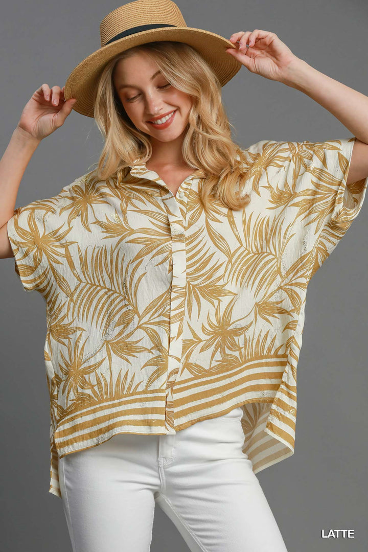 Tropical print button down top