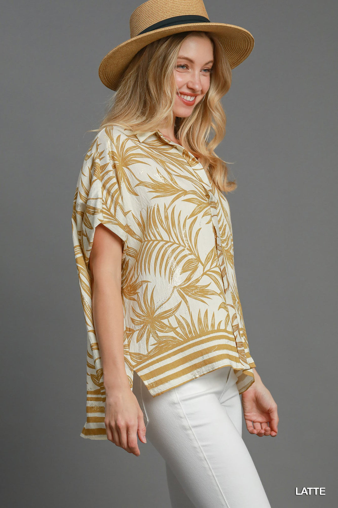 Tropical print button down top