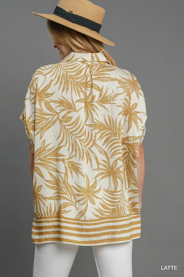 Tropical print button down top